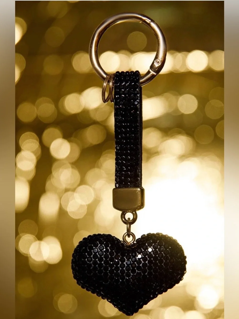 Fashion Heart Rhinestone Keychain • New • Black Sparkle • Gold Hardware